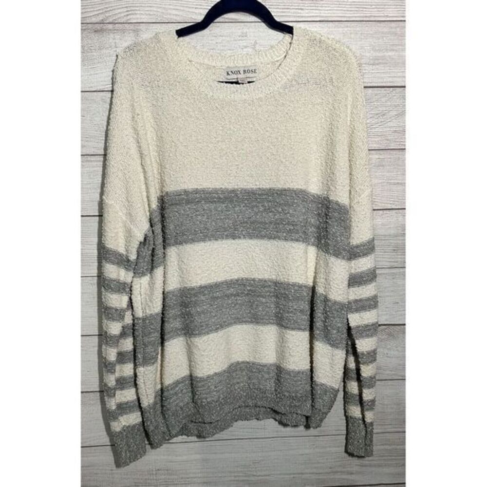Knox Rose Women Sweater XXL Cream Gray Striped‎ Popcorn Texture Pullover